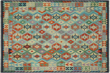 Flat Weave Kilim, Antique, Navaho, Vintage, Handmade, Geometric Kilim Rust Blue Hand-Woven Rectangle 100% Wool Area Rug 8 x 10
